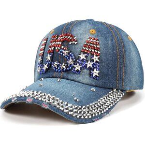 American Flag Baseball Cap Bling Sparkle USA 4th of July Star Stripes Adjustable